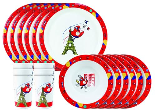 FUN HOUSE Jeux Olympiques Paris 2024 LOT Repas JO 6 Assiettes 22 cm, 6 Bols 16cm ET 6 Verres 220ml - Vaisselle réutilisable, Blanc/Rouge