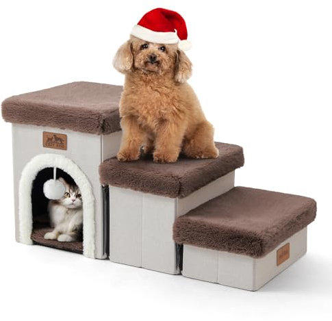 COZY KISS Scale per Cani di Piccola con Scatole Portaoggetti e Condominio, Scale per Animali Pieghevoli per Letto, Divano e Sedia, Rampa per Gatti, Fino a 80 kg, 33x69x36cm, 3 Gradini, Marrone