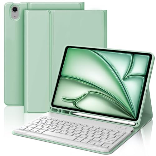 JADEMALL Coque Clavier pour iPad Air 11 M3/M2 2025/2024, AZERTY Français Clavier Bluetooth Détachable avec Fente pour Stylo pour iPad Air 11 Pouces M3 2025/M2 2024, Vert Clair