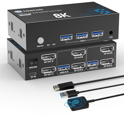 Steetek Switch KVM 8K Displayport, Dual Monitor KVM Switch 2 PC 2 Monitor 8K @60Hz USB3.0, Switch KVM EDID Displayport Supporta due computer che condividono una tastiera e un mouse