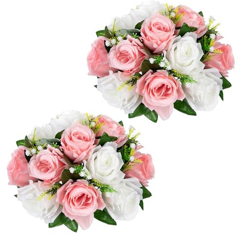 2er-Set Künstliche Rosen Blumenkugel mit 15 Köpfrosen Kunstseidenblumen Blumenstrauß Blumenstrauss Rosen Bouquet für Hochzeit Zuhause Tischparty Fensterdekoration Hochzeitsmittelstücke, Weiß-Rosa