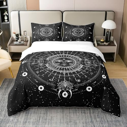 Loussiesd Böhmen Sonne und Mond drucken Bettwäsche Set Weiß Schwarz Böhmische Exotik Stil Bettbezug Set Frauen Männer Dekorative Boho Sterne Mond Sonne Bettwäsche Set 135x200cm 100% Baumwolle