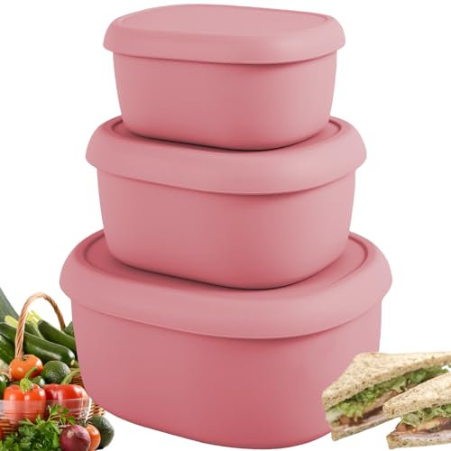 KTCINA 3 Pcs Silicone Food Containers Include Lids, Collapsible Food Containers Airtight Food Container Leakproof Reusable Silicone Food Box Container, Microwave Freezer Dishwasher Safe(Pink)
