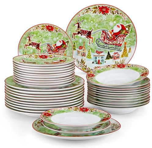 VEWEET, Vajilla de Navidad de 36 Piezas para 12 Personas en Porcelana con Platos Llanos, Platos de Postre y Platos Hondos, con Motivos Navideños de Reno, Acebo y Papá Noel en Color Verde, Serie XMAS