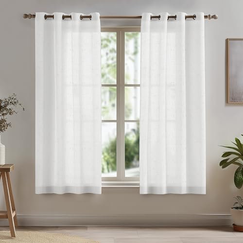 Deconovo Semi Transparent Net Curtains for Windows, Super Soft Woven Linen Voile Eyelet Curtains, Home Decorative Sheer Curtains for Living Room Short, 55 x 54 Inch, White Linen Sheer, 2 Panels