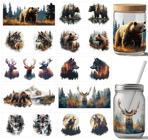 arricraft 10 Stück UV DTF Cup Wrap Transferaufkleber Mit Wolf Bär Hirsch 10 Stile Wild Animal Transferpapier Zum Aufreiben von Aufklebern Silhouette PVC Cup Wrap Wasserdichte Aufkleber Für Glas