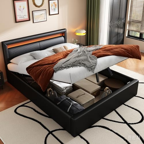 Gegtuon Polsterbett Doppelbett 140x200 mit LED-Licht, Bett mit Hydraulisch Stauraum & Kopfteil, Gästebett Bettrahmen mit Bettgestell & Lattenrost aus Holz für Schlafzimmer, PU, ohne Matratze (Schwarz)