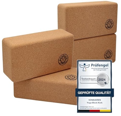 4 x Yoga Block VonBueren | Yogablöcke aus Kork | 22 x 12 x 7,5 cm je Yogablock | Yogazubehör für Damen und Herren | Hatha Klotz | Yogaklötze