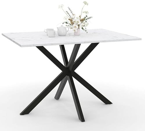 IDMarket - Esstisch, rechteckig, Alix, 6 Personen, Spinnenfuß, Schwarz und Platte in Marmor-Optik, Weiß, Alaska, 110 cm