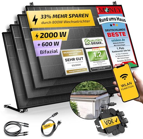 Solakon Balkonkraftwerk 2000W komplett Steckdose - Inklusive Halterung - Balkonkraftwerk 2000 Watt neuester Wechselrichter 800W - Solaranlage Komplettset mit 4x500W Solarpanel mit 10m Kabel