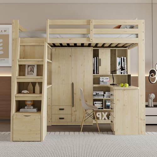 MYBOO Kinderbett Etagenbett Hochbett 90x200, Schreibtisch mit Regalen&Schränken, Sicherheitsleiter mit Stauraum&Stauschubladen, Holzbett Jugendbett Einzelbett mit Rausfallschutz&Lattenrost, Holzfarbe