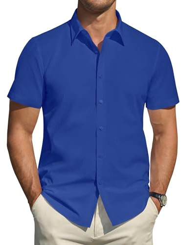 J.VER Shirts for Men UK Short Sleeve Dress Shirt Stain Shield Stretch Plain Regular Fit Business Casual Smart Button Down Tops Royal Blue L