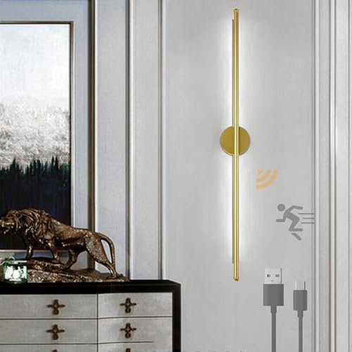 Lámpara de pared LED de tira larga con sensor de movimiento, estilo nórdico moderno, lineal, inalámbrica, de aluminio, funciona con pilas, para decoración de fondo de sala de estar (60 cm, luz blanca