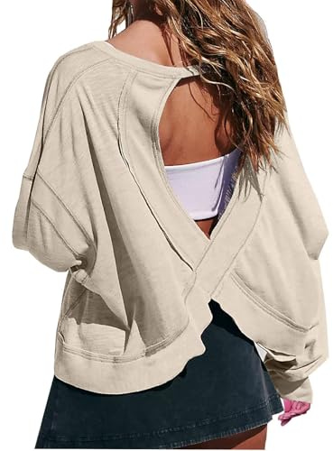 Women's Long Sleeve T Shirts Open Back Workout Crop Tops Casual Lightweight Athletic Gym Yoga Tee Loose Solid Backless T-Shirt Running Top Trendy Sport Tops with Thumb Hole