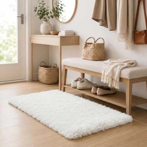 BEIMO Hochflor Teppich 50X80CM Weiß Anti-Rutsch Waschbar Teppiche Bettvorleger Weich rutschfest für Kinderzimmer Wohnzimmer Schlafzimmer