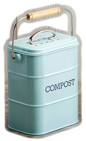 Retro Blue Kitchen Compost Bin, 3 Litre, Steel Metal, Airtight Lid, Blue, 19 x 25 x 23 cm