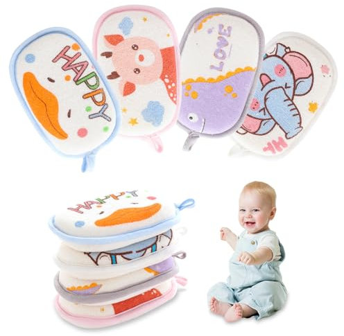 KASESSS 4 Stück Waschlappen Baby Badeschwamm, Duschschwamm, Waschlappen Kinder Badeschwamm, Cartoon-Design Duschschwamm Körper, Schwamm Wasch Pads für Fröhlichen Badespaß, Starke Wasseraufnahme