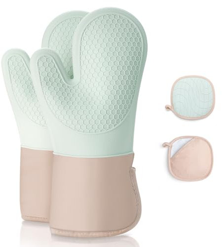 Romon Gants de Four, Lot de 4 Gants et Maniques de Cuisine Résistants à la Antidérapants, Anti Chaleur Jusqu'à 350°C, en Coton Doux, Longs et Flexibles en Silicone Épais pour Cuisine Pâtisserie, Vert