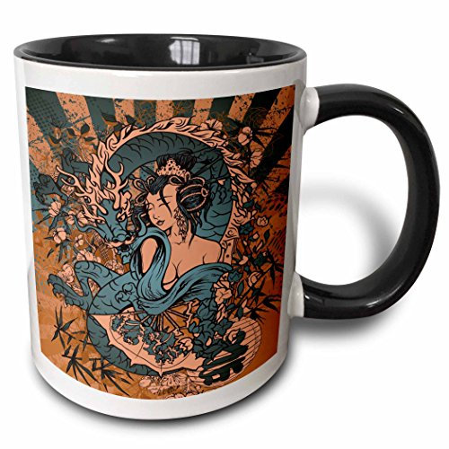 Kaffeebecher Modern Tasse 330Ml, Schöne Grunge-Stil Japanische Geisha Mädchen Frau Und Drachen Orientalisches Asiatisches Design Teetassen Fun Für Kollegin Freundin Kaffeeliebhaber