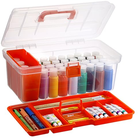 IGNPION Craft Storage Box with Divider Tray, Paint Tool Plastic Caddy Box with Brush Clean Slot, Mulit Purpose Organizer Container for Home Tool, Arts Crafts, Stationery, Sewing, Fishing, Orange
