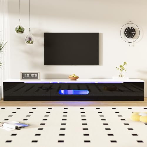 LERFAN Meuble TV noir et blanc - 180 cm de long - Surface brillante - Avec 16 couleurs - Montage mural - Noir + bois