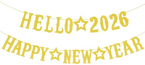 Happy New Year Banner 2026, Goldene Silvester Deko Girlande - New Year Decoration für Party, Jahreswechsel Fest, Wand & Decke
