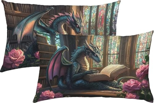 Drache Kissenbezug 40 x 70 Samt 2er Set, Outdoor Wasserdichter Kissenbezug Bücher, Kissenbezüge mit Mikrofaser Reißverschluss, Mode Flauschig Weich Pillow Cover, Deko für Wohnzimmer Sofa Bett K3-328