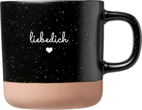 Laser Tattoo Liebedich Keramik Kaffeetasse mit Lasergravur, 360ml, Sprenkel-Optik, Wiederverwendbar, Modern, Geschenk für Muttertag, Valentinstag, Geburtstag (Schwarz)