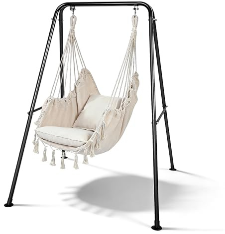 Heavy-Duty Hammock Chair with Stand, Hanging Chair with 2 Cushions, Reinforced Metal Frame,Stable Base & Anti-slip Foot Pads, Easy Assembly for Patio, Balcony, Garden Indoor & Outdoor, 330lbs Capacity