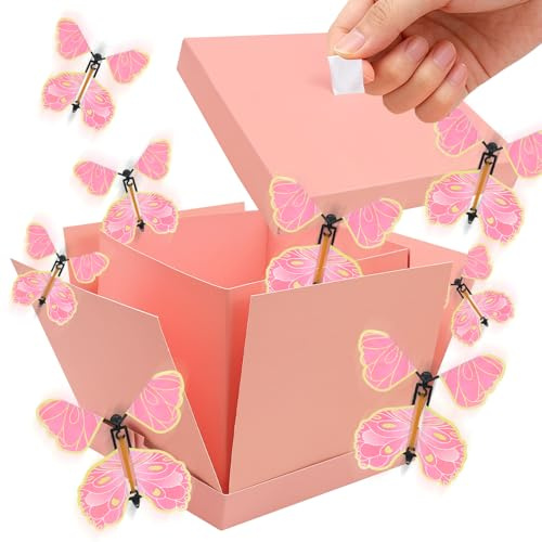 Mritrit Explosionsbox Geburtstag, Überraschungsbox, Schmetterling Explosion Geschenkbox mit 8 Fliegenden Schmetterlingen für Muttertag Valentinstag Weihnachten, Rosa