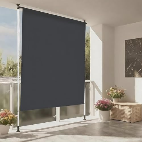 ENWYTE Auvent Vertical intimité Protection Solaire écran de confidentialité auvent latéral de Balcon Stores enrouleurs extérieurs manivelle Aucun perçage requis(White Pole x Gray Fabric,1.2 * 2.7m)