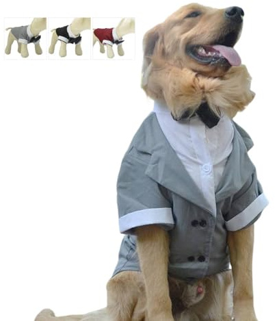 Lovelonglong Pet Costume Dog Suit Formal Tuxedo with Black Bow Tie for Large Dogs Labrador Gray L-L