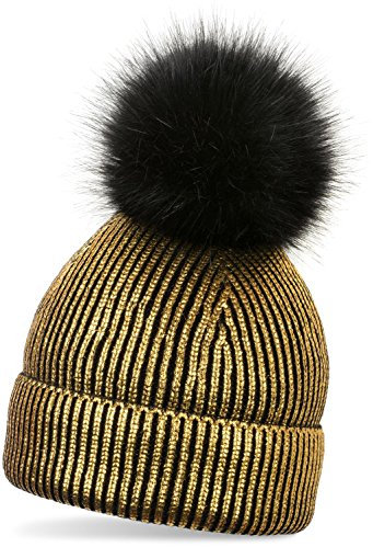 styleBREAKER warme Metallic Strick Bommelmütze mit abnehmbarem Kunstfell Bommel, Winter Fellbommel Mütze, Damen 04024138, Farbe:Schwarz/Gold