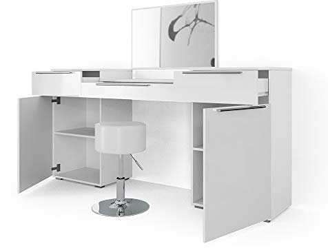 Vicco Schminktisch Lilli, Kosmetiktisch mit Spiegel, Weiß Hochglanz, 190 cm mit Hocker