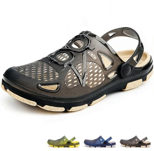 beister Mens Clogs Non Slip Water Shoes with Adjustable Strap, Lightweight Slip on Mules Garden Kitchen Outdoor Beach Yard Pool Shower Summer Sandals Slippers Black Beige
