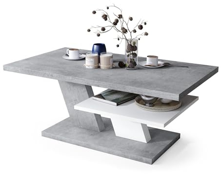 All4All Couchtisch Conte - Kaffeetisch - Wohnzimmertisch – Sofatisch mit Ablage - kompakte Größe - Sofatisch - 110x60cm - 05 - Beton + weiß