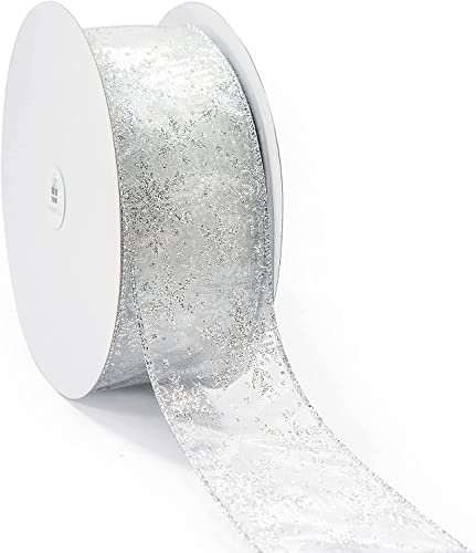 LATERN 20M Organzaband, 6,3cm Breite Schneeflocke verdrahtet schiere Glitzerband Schimmerband Metallische Bänder Handwerk Tüllband für Geschenkverpackung Kranz Weihnachtsschleife Dekoration (Silber)