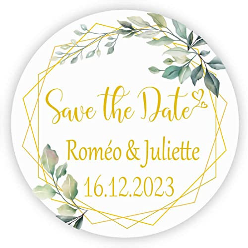 MameArt 50stk 4cm Personalisiert Hochzeit Aufkleber, mit Kranz Sticker für Hochzeit Gastgeschenk Taufe Kommunion Geburtstag Feste Geschenke Präsente (Save The Date), 3DE0110A