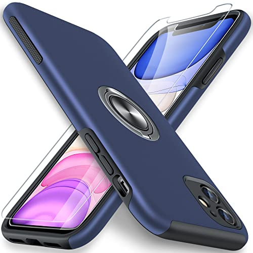 AOUIA für iPhone 11 Hülle mit Panzerglas Schutzfolie *2, iPhone 11 Militärische Stoßfeste Handyhülle Ring Magnetischer Ständer Ultra Dünn Schutzhülle Kratzfeste rutschfeste Hülle für iPhone 11-Blau