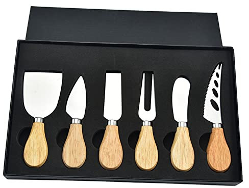 Lin's Wood Lot de 6 couteaux à fromage en acier inoxydable avec boîte cadeau.(poignée en chêne)