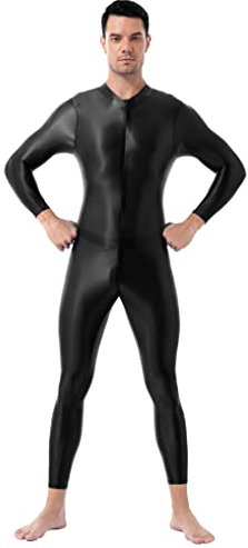 Kaerm Traje de cuerpo entero para hombre, ropa interior brillante, de manga larga, mono de manga larga, conjunto de ropa interior térmica, traje Zentai con cremallera, Negro , Talla única