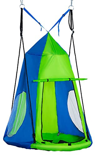 Outsunny Balançoire nid d'oiseau Ronde avec Tente Amovible Ø 100 cm 4 Anneaux Inclus métal époxy Oxford Haute densité - Vert et Bleu