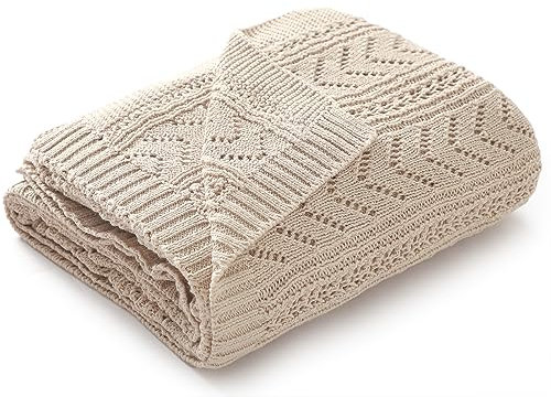 mimixiong Weiche Decke für Neugeborene 100% Baumwolle Gestrickte Zellulare Babydecken für Neugeborene Jungen Mädchen 90 x 70 cm (Beige)