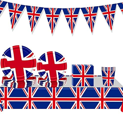 Union Jack Party Supplies Tableware Set Wonlonda King Charles Coronation Decorations Tablecloth Napkins Cups Paper Plates Set Bunting Flags Decorations Party Supplies For any Independence Day
