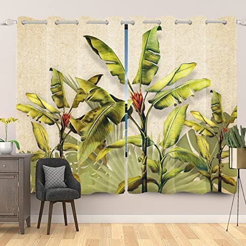 SDOTPMT 117x229cm Exotique Banane Arbre Rideau de fenêtre Tropical Vert Palmier Arbre Feuilles Plante Feuille Rideau occultant Ancien Rideaux Opaques pour Chambre Isolation Thermique, 2 Panneaux