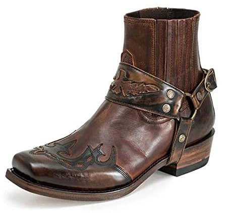 MAAARI Herren Western Stiefeletten Mode Schnalle Riemen Slip-on Stiefel Retro Leder Quadratische Zehe Cowboy Kurze Stiefel Cowboy Motorradstiefel,Braun,46 EU