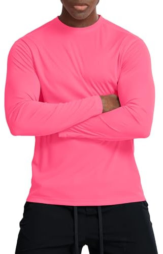 Sport Shirts for Men Long Sleeve Quick Dry(Neon Pink,S)