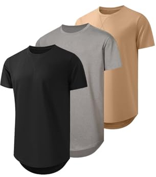 JMIERR Men's 3 Pack Cotton Hipster Hip Hop Longline Crewneck T-Shirt, Short Sleeve Gym Workout Athletic T Shirts for Men Pack,XL, Black/Dark Grey/Khaki