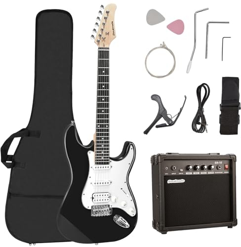Soulmate E-Gitarren-Kit für Anfänger, 99 cm, volle Größe, HSS, Pickup, Rechtshänder, solider Körper, E-Gitarre, mit Verstärker, Tasche, Kapodaster, Gurt, Saite, Kabel, Plektren, Schwarz