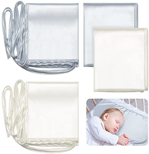 Hosuly 2 Pcs Satin Bassinet Sheets for Baby Bassinet, Soft Silk Feeling Bassinet Sheets for Rectangle Crib Mattress Newborn Boys Girls (Grey and White)
